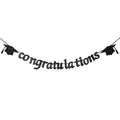 Glittery black congratulations banner with graduation caps for festive party wall decor - Graduation Cap Glitter Paper All Black.