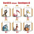 Set van 6 kleurrijke verjaardagskaarten met grappige vogelillustraties inclusief enveloppen. - Dd4033 (6 Vellen Per Set / 6 Enveloppen)