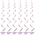 Set of 6 rose gold foil hanging swirls with Birthday Girl pendants for party decor - Spiral Powder + Pink Birthday Girl