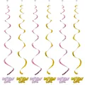 Birthday Girl hanging spiral decorations in shiny gold and pinkish purple foil 6pk - Pink Gold Spiral + Pink Gold Birthday Girl