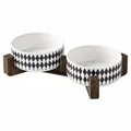 Cuencos dobles de cerámica para mascotas con patrón de diamantes y soporte - Estilo de Bol Doble Rombo (Con Soporte de Madera Doble) / Pequeño