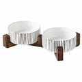 Juego de cuencos dobles de cerámica para gatos con soporte madera - Estilo de Bol Doble de Rayas Verticales (Con Soporte de Madera Doble) / Pequeño