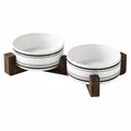 Juego de cuencos de cerámica blanca con rayas negras y soporte de madera oscura robusta - Estilo de Bol Doble de Rayas Horizontales (Con Soporte de Madera Doble) / Pequeño