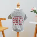 Graues Haustier-Sweatshirt mit roter Stickerei 'MORE PLAY' auf einer kleinen Schaufensterpuppe - Slogan Hoodie - Grau