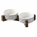 Juego de dos cuencos de cerámica con diseño de zigzag negro en soporte de madera oscura - Estilo de Bol Doble Ondulado (Con Soporte de Madera Doble) / Pequeño