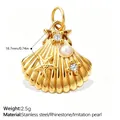 Gold shell pendant with starfish, pearl, and rhinestones, 18.7mm stainless steel charm. - Starfish Shell Pearl Pendant (PJ1120G)