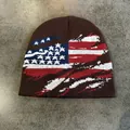 Brown knit beanie with distressed American flag jacquard design for winter warmth - M (54-59cm) / Coffee