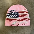 Pink knit beanie hat featuring a stylized American flag jacquard design for winter - M (54-59cm) / Pink
