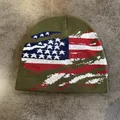 Warm olive green knitted beanie featuring a distressed American flag jacquard design. - M (54-59cm) / Army Green