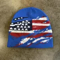 Trendy American flag knit beanie hat with stars and stripes pattern for winter warmth - M (54-59cm) / Sapphire Blue