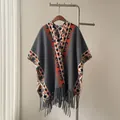 Gray imitation cashmere poncho with orange patterns and decorative fringe detail. - Gray / 170x110cm (large Size)