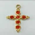 Golden stainless steel cross pendant featuring six vibrant orange rhinestones for jewelry DIY - Rhinestone Cross Style - Orange Red Rhinestone (BP3943D5)