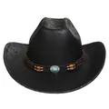 Vintage black cracked faux leather western cowboy hat with turquoise and wooden beads - 371a Black Single-top / M (56-58cm)
