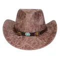 Vintage style brown cracked leather look cowboy hat with turquoise and wood bead band - M (56-58cm) / Heart Top (370C) / Khaki