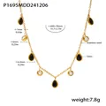 18k gold plated stainless steel necklace with black water drop charms and rhinestones - P1695 - Golden Black Zircon Necklace