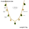 Gold plated stainless steel necklace with green teardrop zircons and round stones. - P1695 - Golden Zircon Necklace