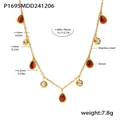 Gold-plated stainless steel necklace featuring red water drop zircon and clear crystal pendants - P1695 - Golden Red Zircon Necklace