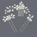 Handmade silver bridal hair comb and pin set decorated with white pearls and crystals - Silver Evening Hair Accessory Set Hs-j7373s