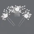 Handmade silver bridal hair comb and pin set with white roses pearls and crystals for weddings - Silver Girl's Hair Accessory Set Hs-j7083s