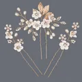 Elegant 3-piece bridal hair pin set featuring white flowers, pearls and shiny rhinestones - Gold Flower Hair Accessory Set Hs-j7418g