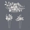 Handmade bridal hair accessory set with silver rhinestones and pearls on grey background - Silver Bridal Hair Accessory Set Hs-j6971s