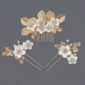 Elegant gold leaf and white flower bridal hair comb and pin set with rhinestones. - Forest-themed Floral Hair Accessory Set Hs-j7113g