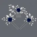 Handmade bridal hair accessory set with blue roses and white pearls on silver leaves. - Blue Girl Hair Accessory Set Hs-j7083sblue