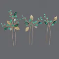 Set of 3 elegant bridal hair pins featuring emerald green crystals and golden leaves - Golden Leaf Forest Style Hairpin Set Hs-j7066g
