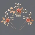 Elegant handmade bridal hair accessories set with pink roses and pearls on gold finish - Pink Girly Hair Accessory Set Hs-j7083gpink