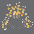 Handmade bridal hair jewelry set featuring yellow flowers and pearls for wedding hairstyles - Photo-friendly Versatile Hair Accessory Set Hs-j7212g