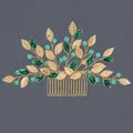 Elegant gold bridal hair comb with sparkling emerald green crystals and detailed leaf motifs - Golden Leaf Forest Style Versatile Hairbrush Hs-j7068g