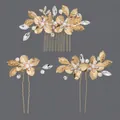 Elegant bridal hair accessories set featuring gold flowers, pearls, and crystals for weddings - Forest-style Gold Leaf Hair Accessory Set Hs-j7151g
