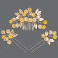 Handmade bridal hair comb and pin set with gold leaves and yellow floral details - Golden Leaf Photo Hair Accessory Set Hs-j7213g