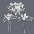 Handmade silver bridal hair accessory set with pearls and flower leaf pins and comb - Versatile Princess Hair Accessory Set Hs-j7133s