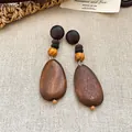 Orecchini pendenti in legno geometrico stile etnico con gocce marroni e perline di lava - 16# Perno in Argento Marrone Foglia di Ginkgo