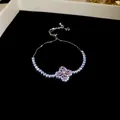 Bracelet élégant fleur en argent avec cristaux de zircon rose et chaîne ajustable - Argent-Rose
