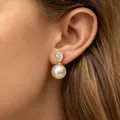 Elegant white pearl drop earrings with marquise-cut diamond accent shown on model's ear - Marquise Rhinestone Geometric Artificial Pearl Style (02 Imitation Gold)