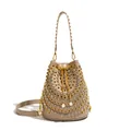 Sac seau punk beige orné de clous, strass en cristal et chaîne dorée - Gris