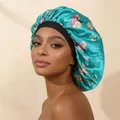 Turquoise floral print satin sleep bonnet with wide elastic band for hair protection - Adjustable / Cyan Floral