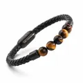 Bracciale in pelle intrecciata fatto a mano con perle occhio di tigre da 6 mm e chiusura - Acciaio Nero Caffè