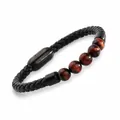 Bracciale in pelle intrecciata nera e occhio di tigre rosso 6mm con chiusura magnetica - Acciaio Nero Rosso