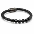 Bracciale artigianale in pelle intrecciata con perle di occhio di tigre nero 6mm e chiusura magnetica - Acciaio Nero Nero