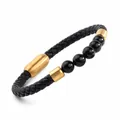 Bracciale in pelle intrecciata con pietre nere da 6 mm e chiusura magnetica dorata - Acciaio Oro Nero