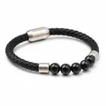 Bracciale in pelle nera intrecciata con perle di onice da 6 mm e chiusura magnetica. - Argento Onice Nero