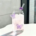 Esthetisch glas in de vorm van een blikje met paarse vlinder en rietje met strikje - 580ml / Paarse Vlinder Blikbeker met Rietje