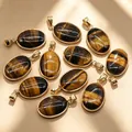 Natural tiger eye stone oval pendant with gold plated copper frame for jewelry making - Tiger's Eye Pendant / 1 Piece/Pack / Brownish Yellow