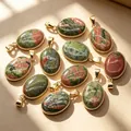 Handmade natural oval unakite stone pendant with gold plated bezel for necklaces - Unakite Pendant / 1 Piece/Pack / Heather Green