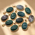 Natural oval agate and semi-precious stone pendants with gold-plated copper edging - Indian Agate Pendant / 1 Piece/Pack / Mixed Green