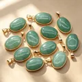 Natural green stone oval pendants with gold-plated copper bezel settings for jewelry - Green Aventurine Pendant / 1 Piece/Pack / Light Green