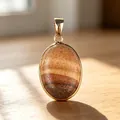 Elegant oval natural agate stone pendant with gold-plated copper frame on wood - Picture Jasper Pendant / 1 Piece/Pack / Picture Jasper Color